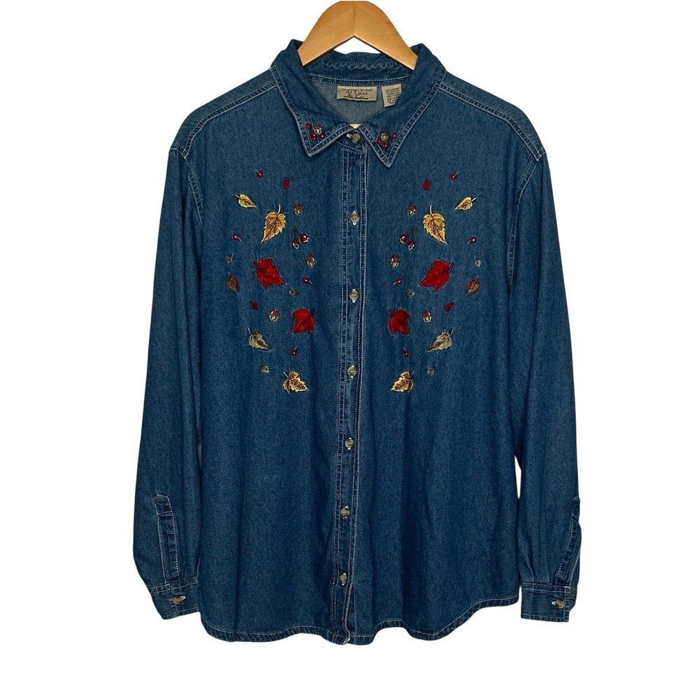 Vintage Denim Autumn Leaf Embroidered Shirt 22/24W 100% Cotton Cottagecore